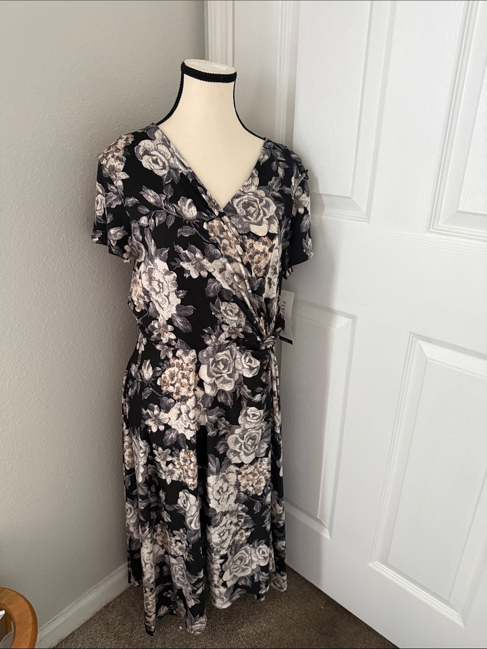 Perceptions Black Floral Midi Wrap Dress with Cream Accents
